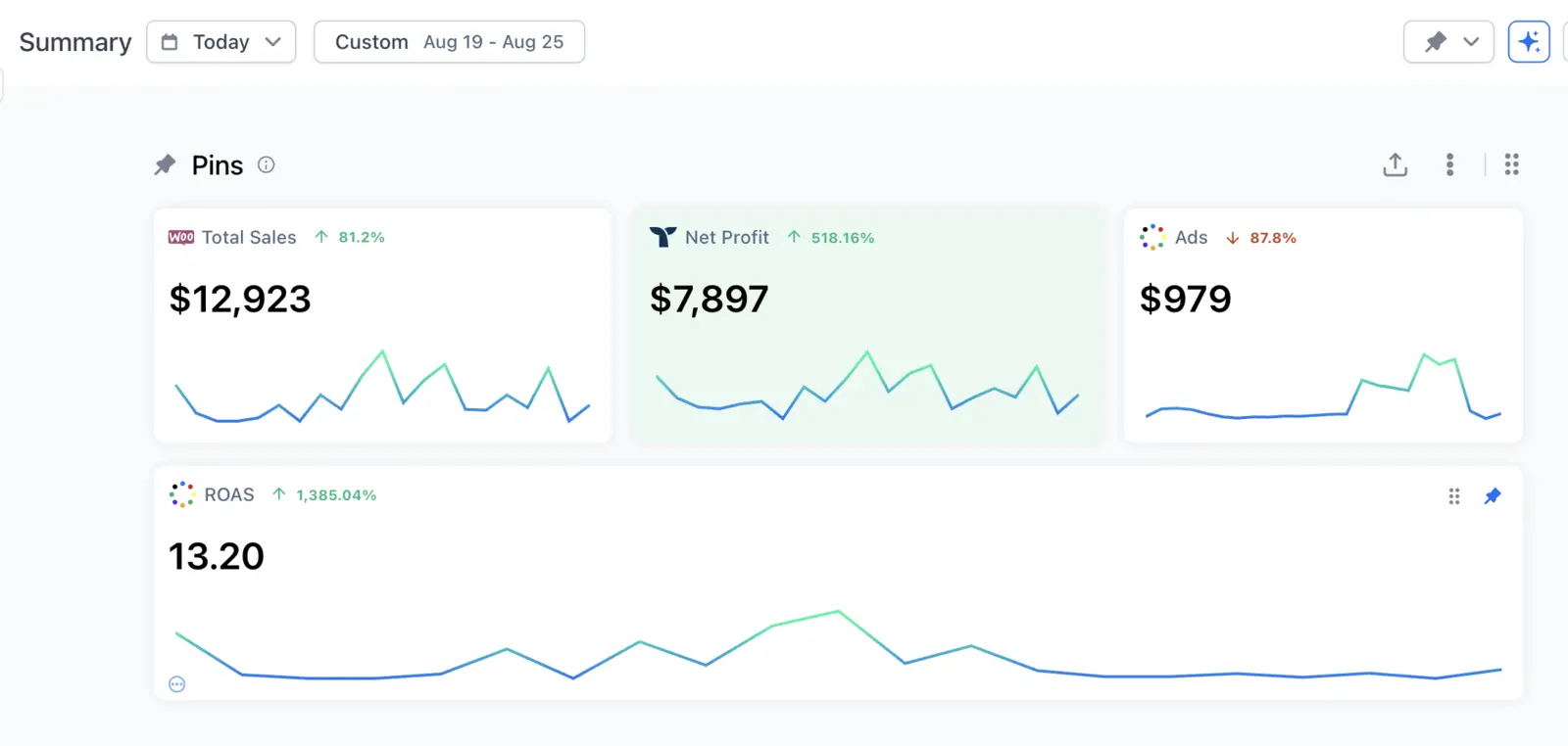 Single day — $12,923 total sales, $7,897 net profit, 13.20 ROAS